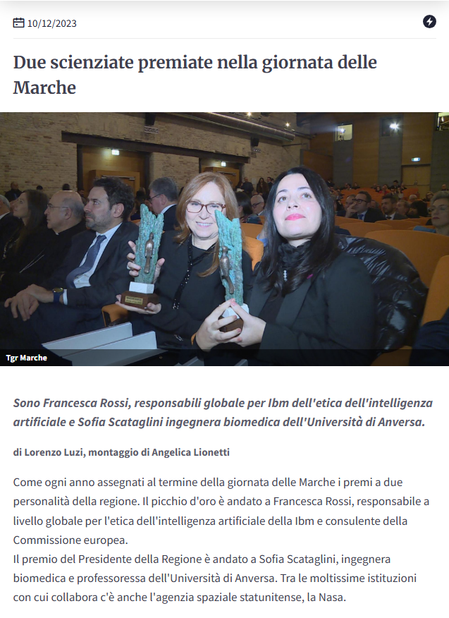 Sofia Scataglini holding the President of the Marche Region Award in 2023